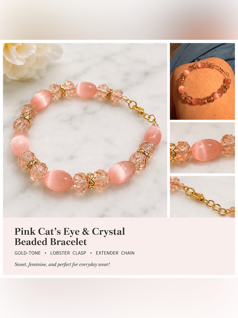 Artisan Peachy Pink Cat's Eye & Crystal Bracelet with Gold Accents